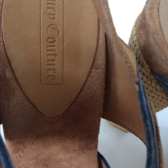New Juicy Couture Women Block Heel Peep Toe Leather Raffia Navy Blue 9 Shoes - Picture 4 of 12